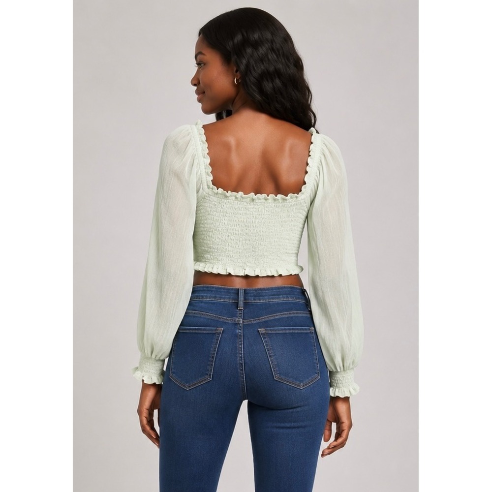 Aerie Light Green Smocked Crop Top Long Balloon Sleeve Ruffle Square Neck Small - Picture 2 of 5
